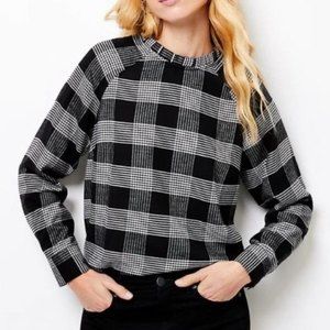 Loft Plaid pleated ruffle long sleeve blouse high neck neutral preppy boxy